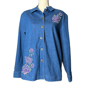 Allison Daley Denim Jacket with Purple Floral Appliques Metal Buttons Size 12